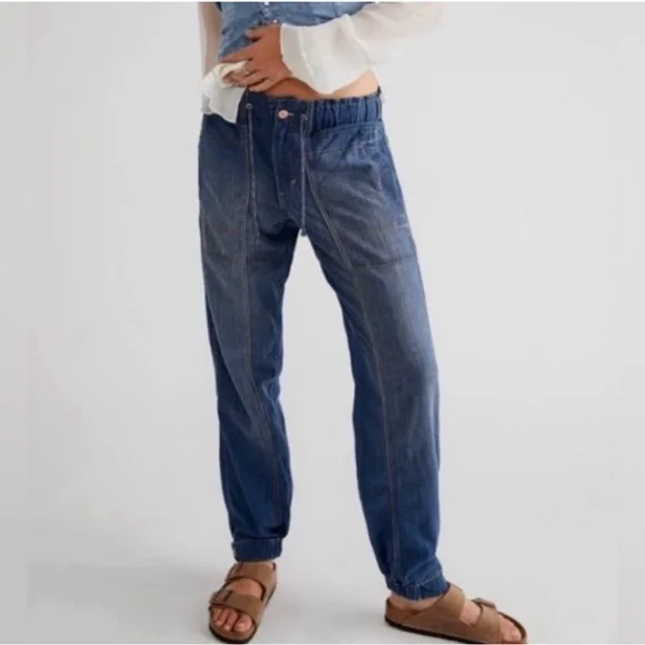 FREE PEOPLE MEDUIM ANGELO TIE WAIST JEANS LOW RISE SLOUCHY CARGO PULL-ON DENIM - Picture 5 of 8